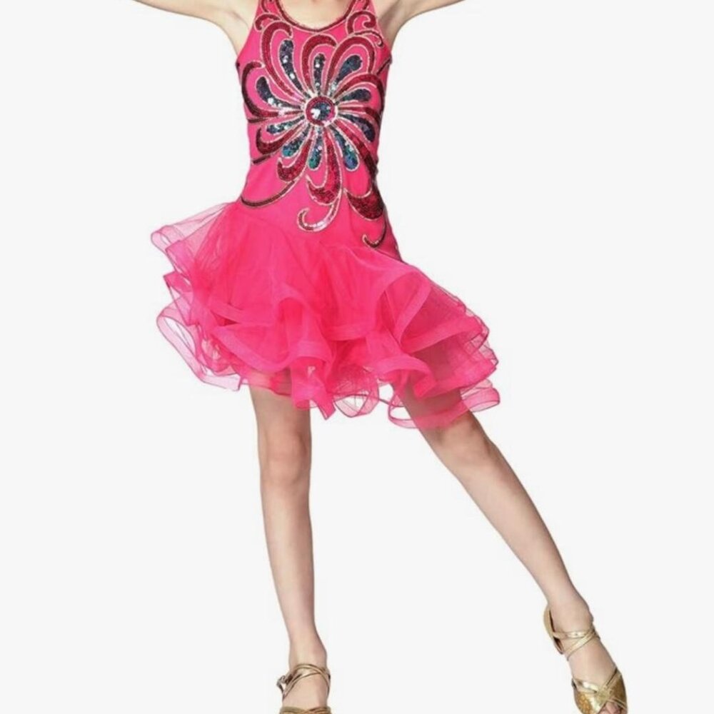 GIRLS LATIN AND BALLROOM SEQUIN HOT PINK COSTUME DRESS SIZE 7/8-- NWOT